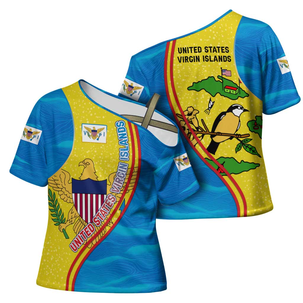 United States Virgin Islands Cross Shoulder Shirt with Blue Yellow Wave Design and Island Map Bird - Wonder Print Shop