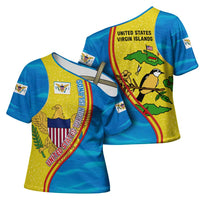 United States Virgin Islands Cross Shoulder Shirt with Blue Yellow Wave Design and Island Map Bird - Wonder Print Shop