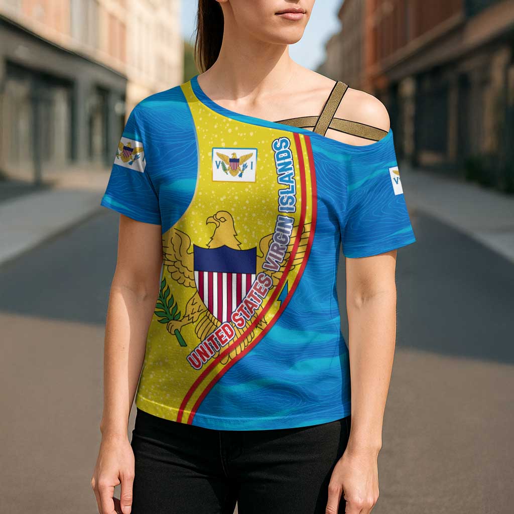 United States Virgin Islands Cross Shoulder Shirt with Blue Yellow Wave Design and Island Map Bird - Wonder Print Shop