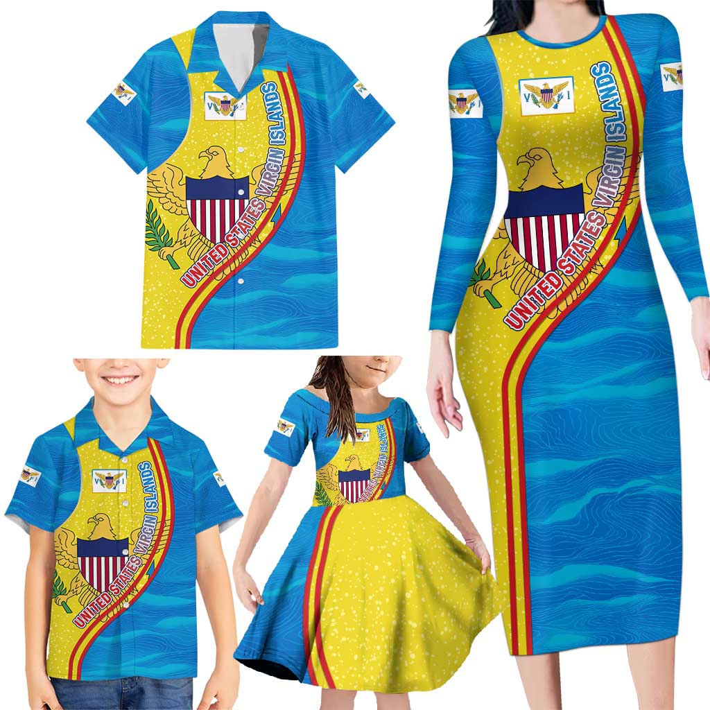 United States Virgin Islands Family Matching Long Sleeve Bodycon Dress and Hawaiian Shirt with Blue Yellow Wave Design and Island Map Bird - Wonder Print Shop