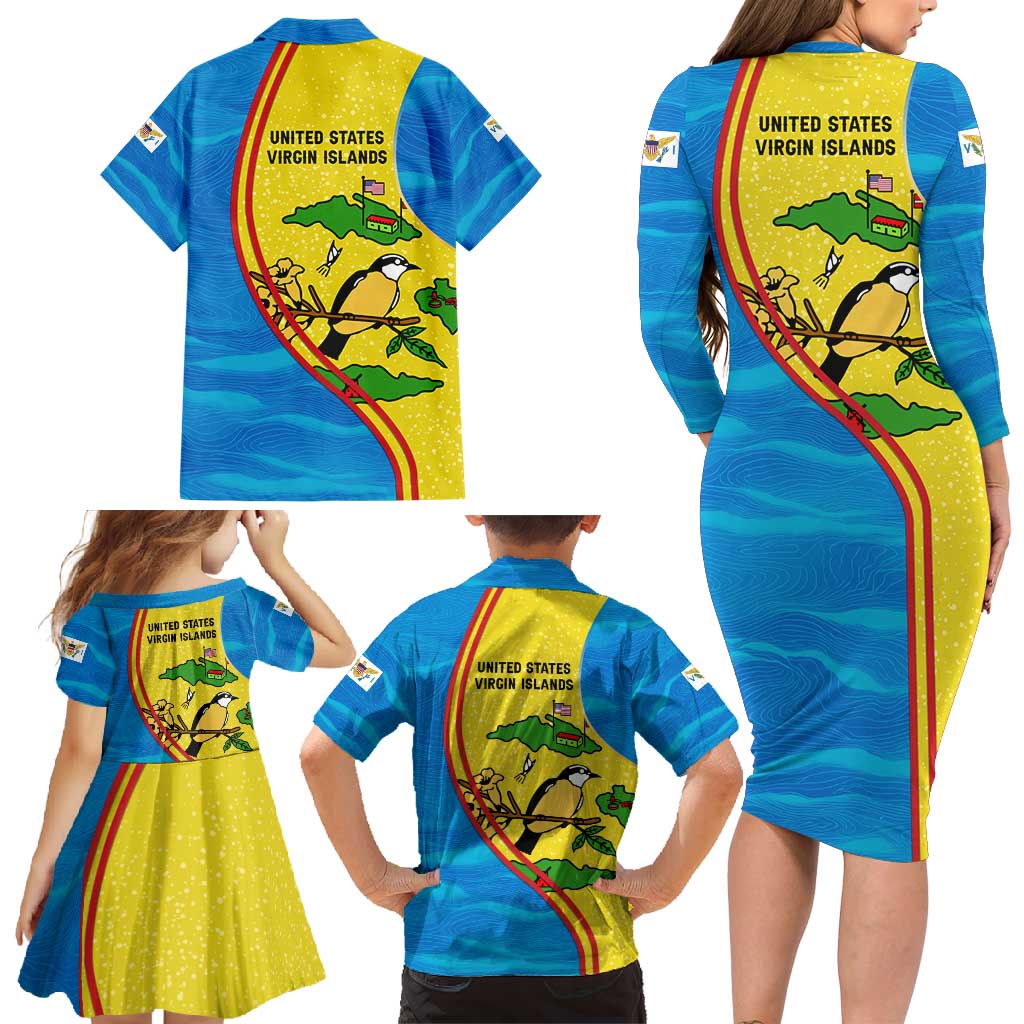 United States Virgin Islands Family Matching Long Sleeve Bodycon Dress and Hawaiian Shirt with Blue Yellow Wave Design and Island Map Bird - Wonder Print Shop