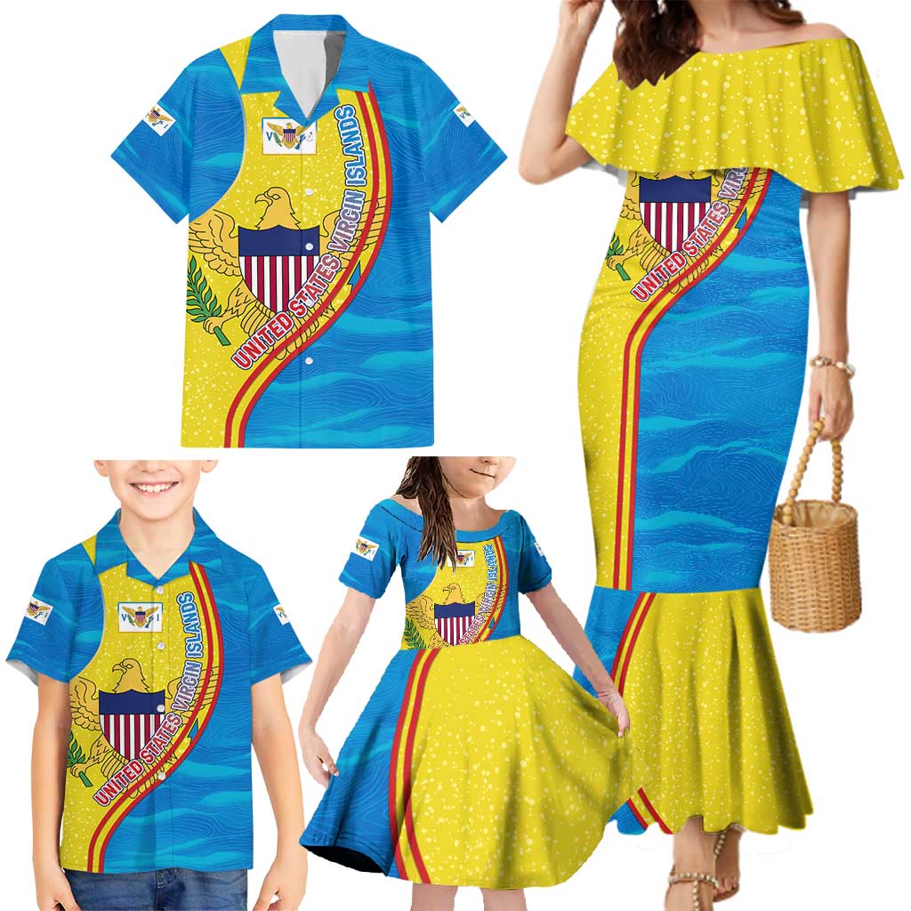 United States Virgin Islands Family Matching Mermaid Dress and Hawaiian Shirt with Blue Yellow Wave Design and Island Map Bird - Wonder Print Shop