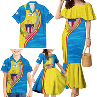 United States Virgin Islands Family Matching Mermaid Dress and Hawaiian Shirt with Blue Yellow Wave Design and Island Map Bird - Wonder Print Shop