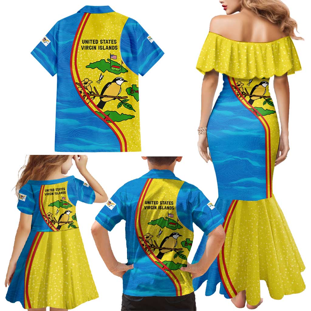 United States Virgin Islands Family Matching Mermaid Dress and Hawaiian Shirt with Blue Yellow Wave Design and Island Map Bird - Wonder Print Shop