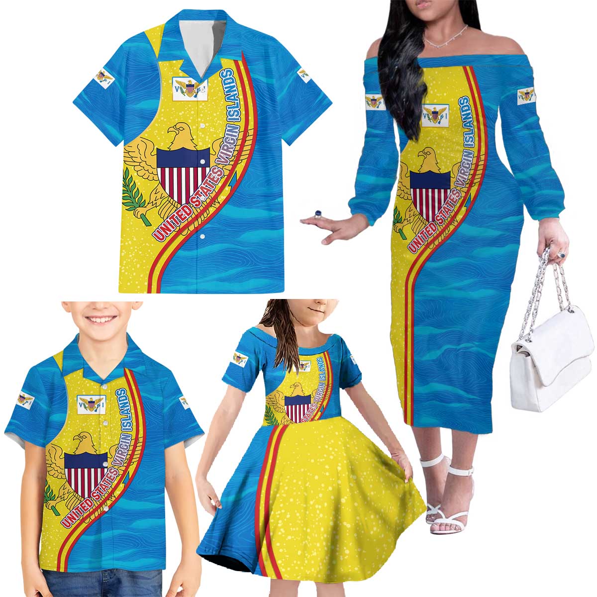 United States Virgin Islands Family Matching Off The Shoulder Long Sleeve Dress and Hawaiian Shirt with Blue Yellow Wave Design and Island Map Bird - Wonder Print Shop
