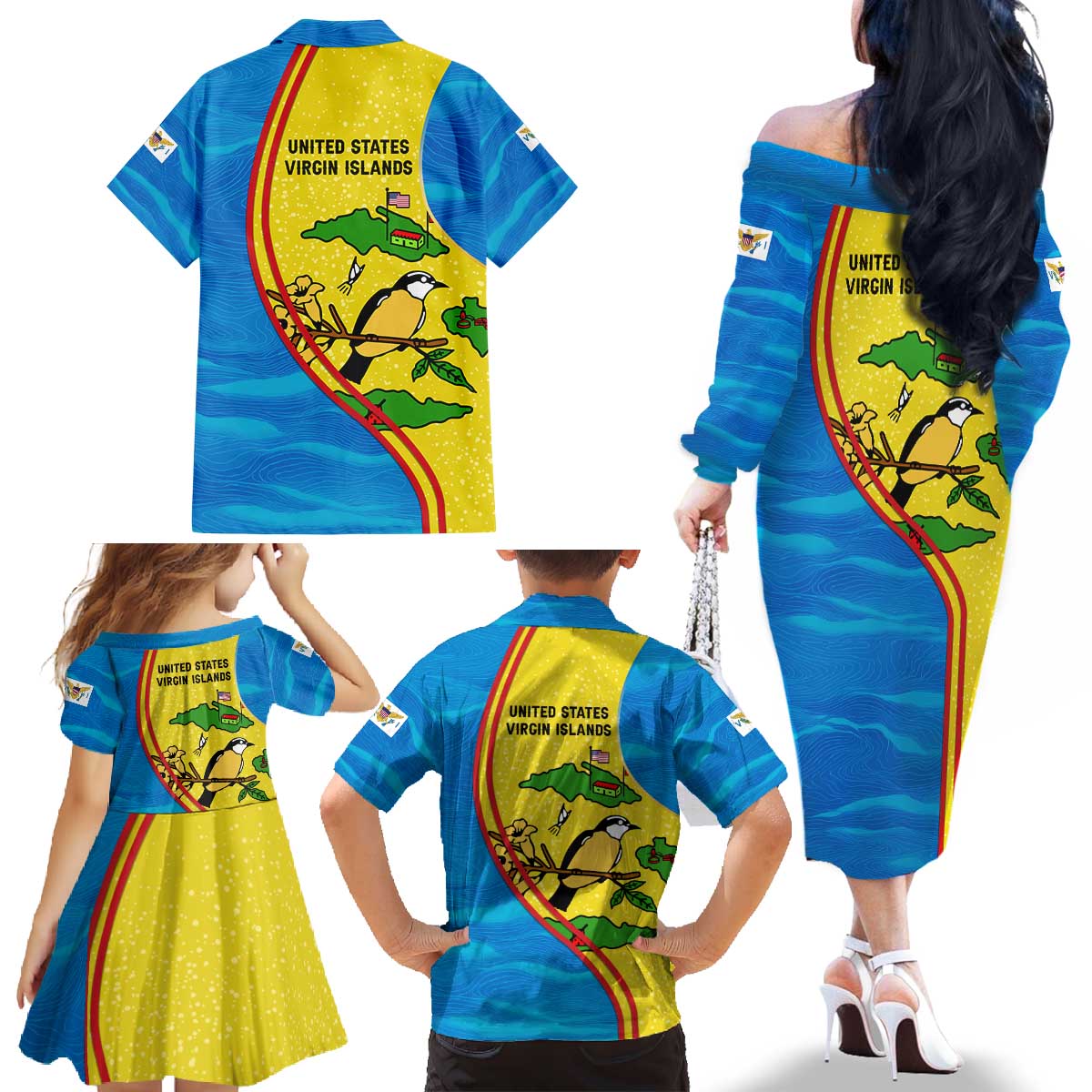 United States Virgin Islands Family Matching Off The Shoulder Long Sleeve Dress and Hawaiian Shirt with Blue Yellow Wave Design and Island Map Bird - Wonder Print Shop