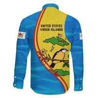 United States Virgin Islands Family Matching Off The Shoulder Long Sleeve Dress and Hawaiian Shirt with Blue Yellow Wave Design and Island Map Bird - Wonder Print Shop