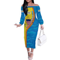 United States Virgin Islands Family Matching Off The Shoulder Long Sleeve Dress and Hawaiian Shirt with Blue Yellow Wave Design and Island Map Bird - Wonder Print Shop
