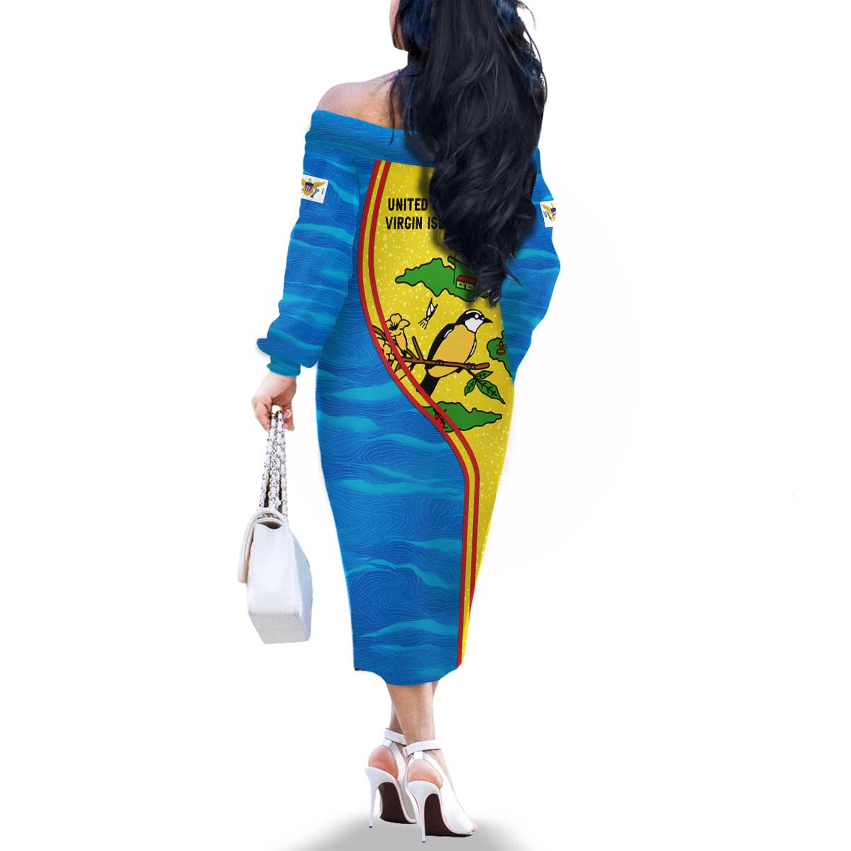 United States Virgin Islands Family Matching Off The Shoulder Long Sleeve Dress and Hawaiian Shirt with Blue Yellow Wave Design and Island Map Bird - Wonder Print Shop