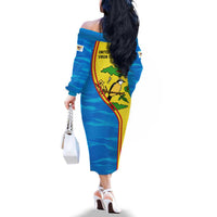 United States Virgin Islands Family Matching Off The Shoulder Long Sleeve Dress and Hawaiian Shirt with Blue Yellow Wave Design and Island Map Bird - Wonder Print Shop