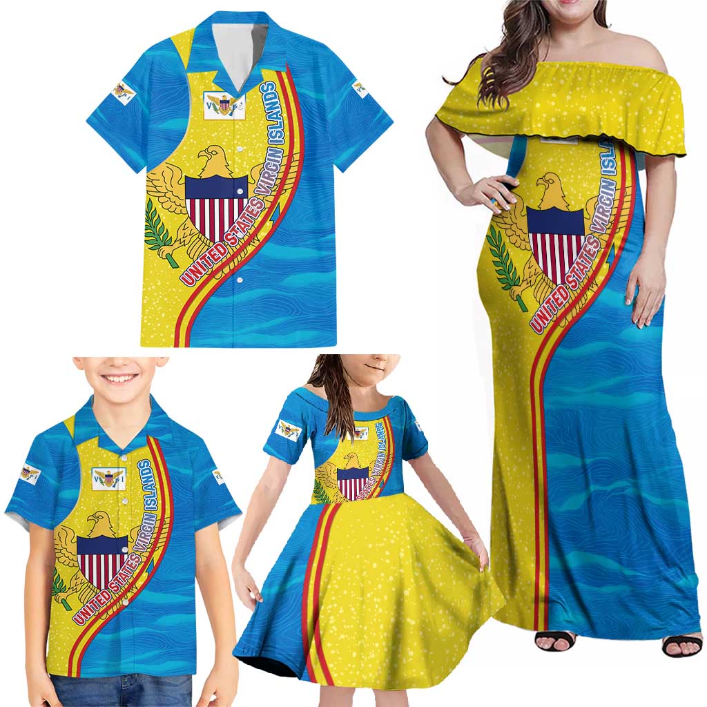United States Virgin Islands Family Matching Off Shoulder Maxi Dress and Hawaiian Shirt with Blue Yellow Wave Design and Island Map Bird - Wonder Print Shop