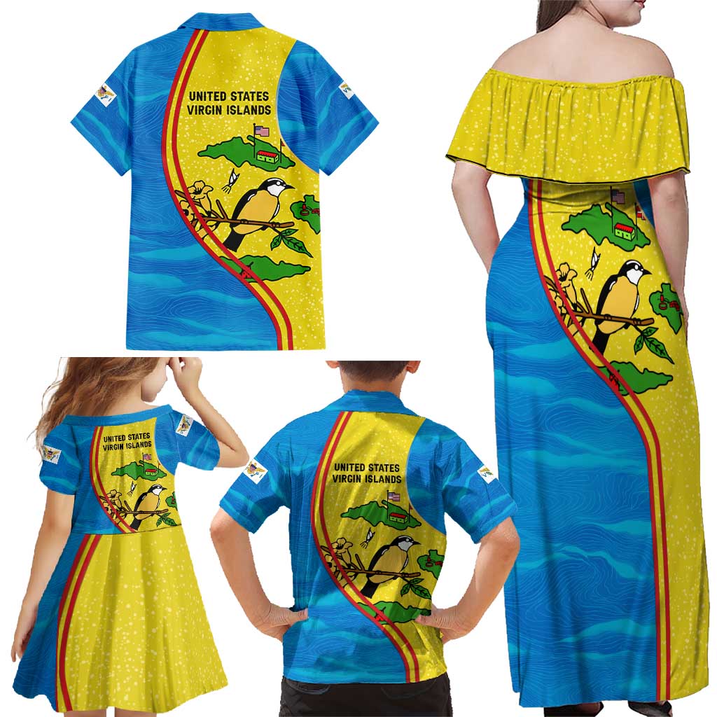 United States Virgin Islands Family Matching Off Shoulder Maxi Dress and Hawaiian Shirt with Blue Yellow Wave Design and Island Map Bird - Wonder Print Shop
