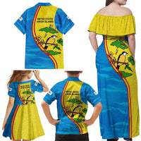 United States Virgin Islands Family Matching Off Shoulder Maxi Dress and Hawaiian Shirt with Blue Yellow Wave Design and Island Map Bird - Wonder Print Shop