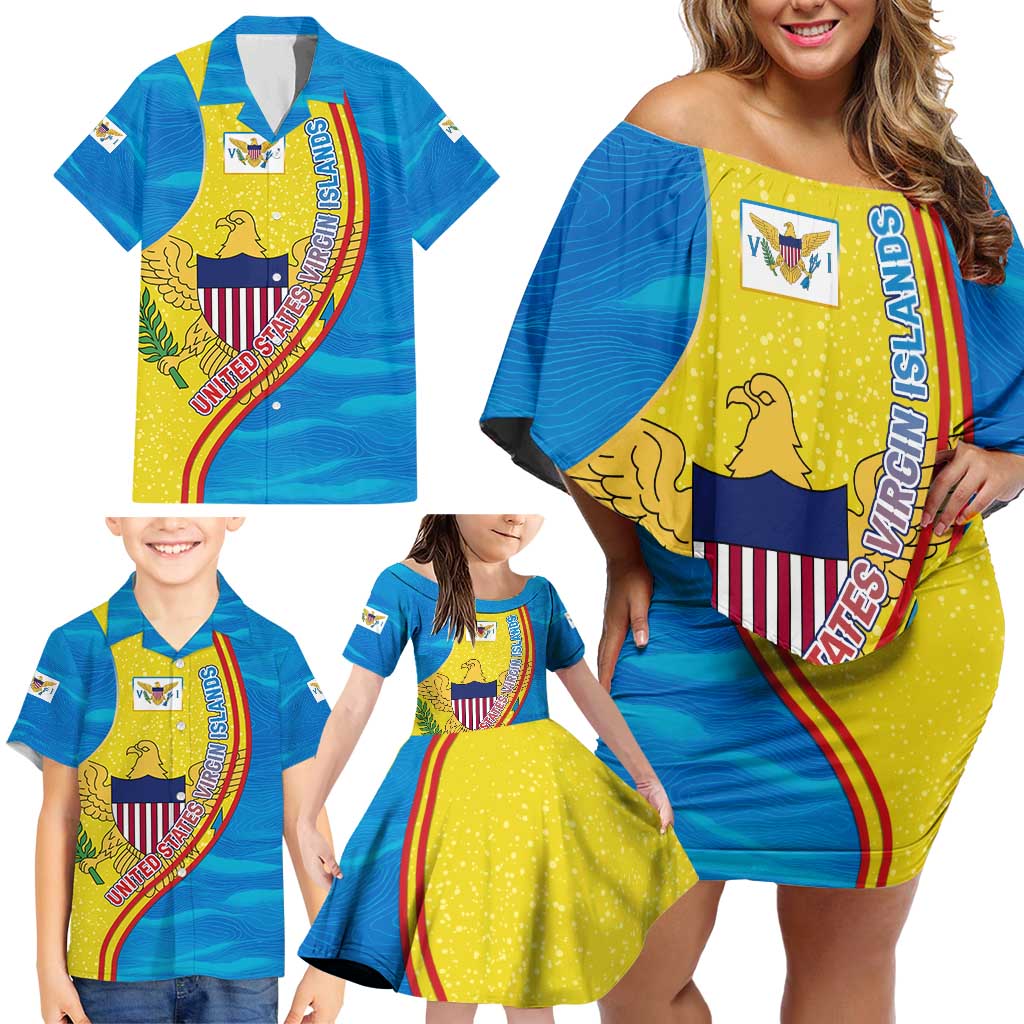United States Virgin Islands Family Matching Off Shoulder Short Dress and Hawaiian Shirt with Blue Yellow Wave Design and Island Map Bird - Wonder Print Shop