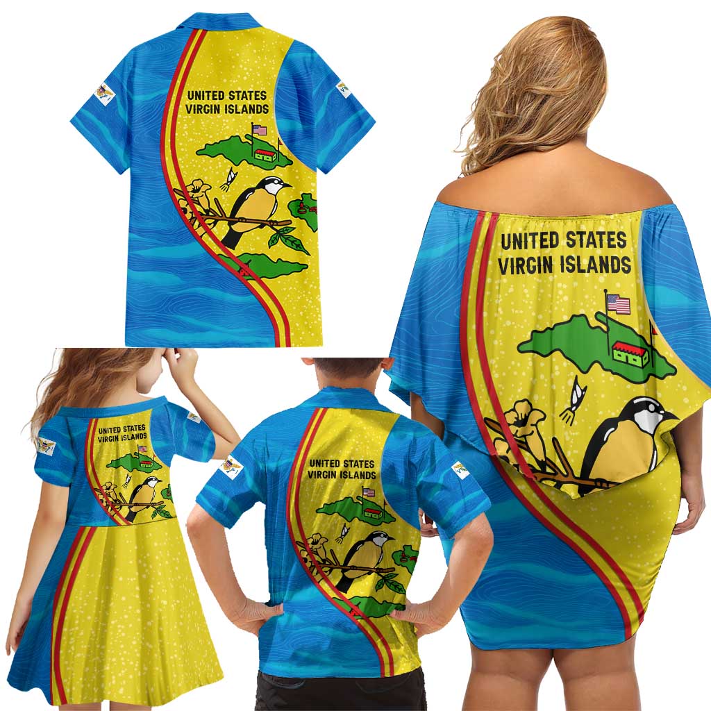 United States Virgin Islands Family Matching Off Shoulder Short Dress and Hawaiian Shirt with Blue Yellow Wave Design and Island Map Bird - Wonder Print Shop
