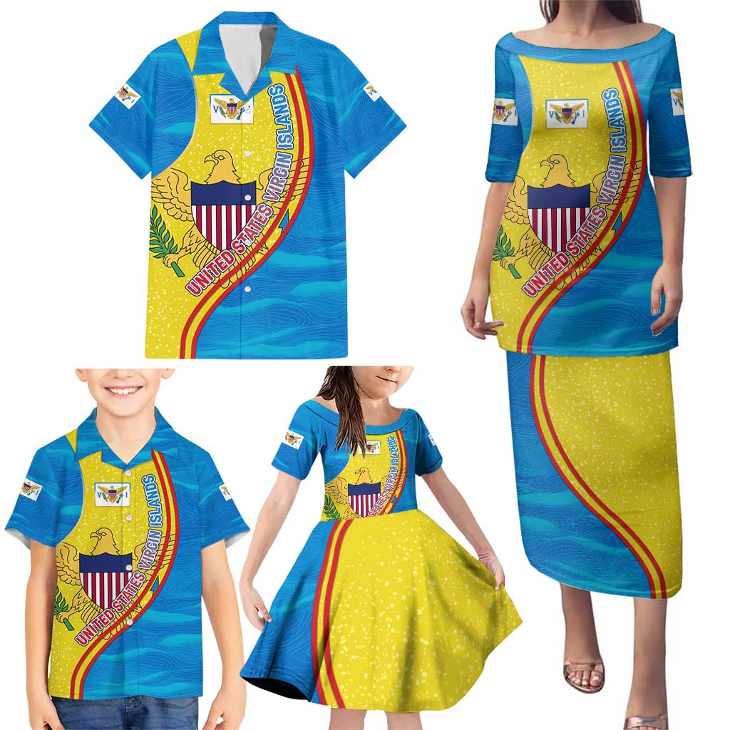 United States Virgin Islands Family Matching Puletasi and Hawaiian Shirt with Blue Yellow Wave Design and Island Map Bird - Wonder Print Shop