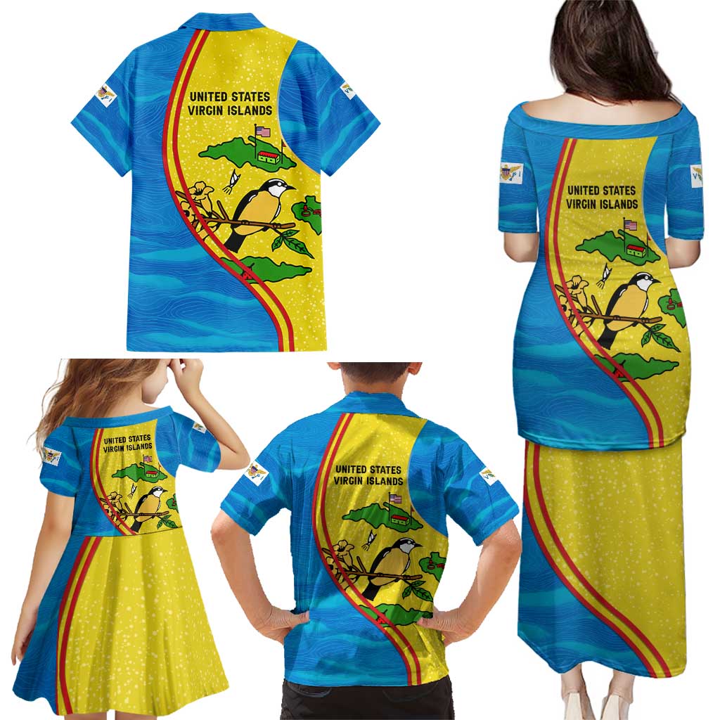 United States Virgin Islands Family Matching Puletasi and Hawaiian Shirt with Blue Yellow Wave Design and Island Map Bird - Wonder Print Shop