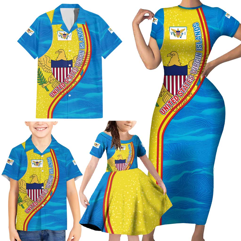 United States Virgin Islands Family Matching Short Sleeve Bodycon Dress and Hawaiian Shirt with Blue Yellow Wave Design and Island Map Bird - Wonder Print Shop