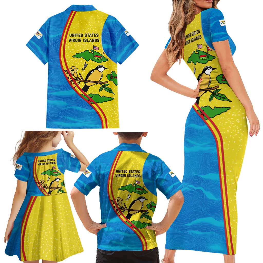 United States Virgin Islands Family Matching Short Sleeve Bodycon Dress and Hawaiian Shirt with Blue Yellow Wave Design and Island Map Bird - Wonder Print Shop