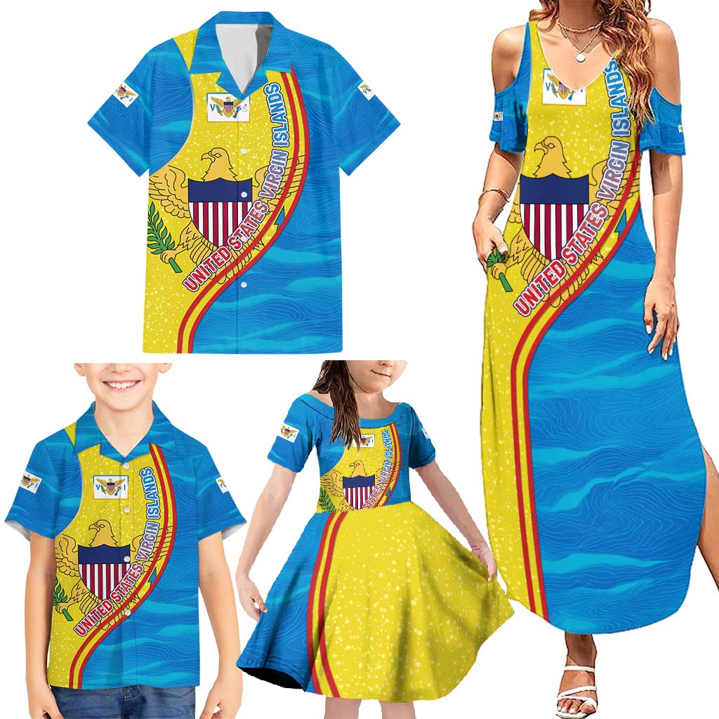 United States Virgin Islands Family Matching Summer Maxi Dress and Hawaiian Shirt with Blue Yellow Wave Design and Island Map Bird - Wonder Print Shop