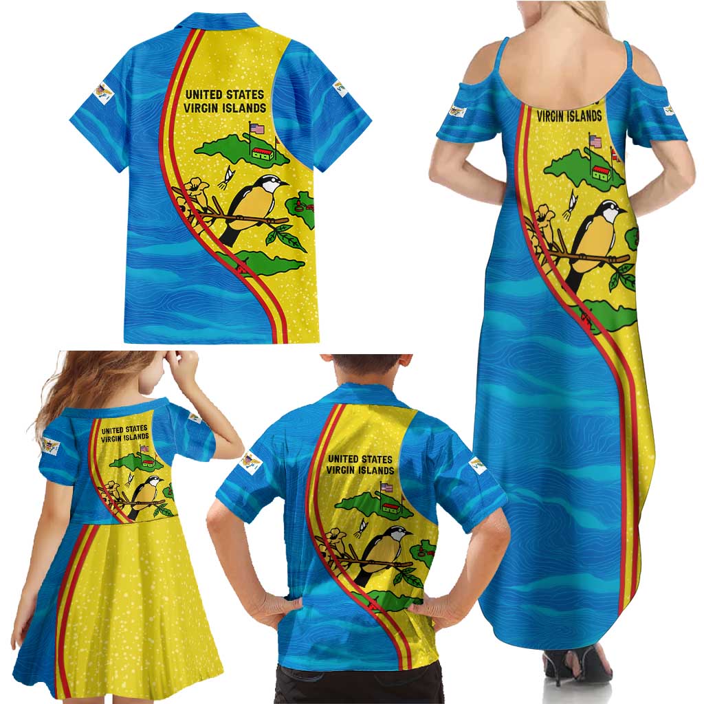United States Virgin Islands Family Matching Summer Maxi Dress and Hawaiian Shirt with Blue Yellow Wave Design and Island Map Bird - Wonder Print Shop