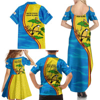 United States Virgin Islands Family Matching Summer Maxi Dress and Hawaiian Shirt with Blue Yellow Wave Design and Island Map Bird - Wonder Print Shop