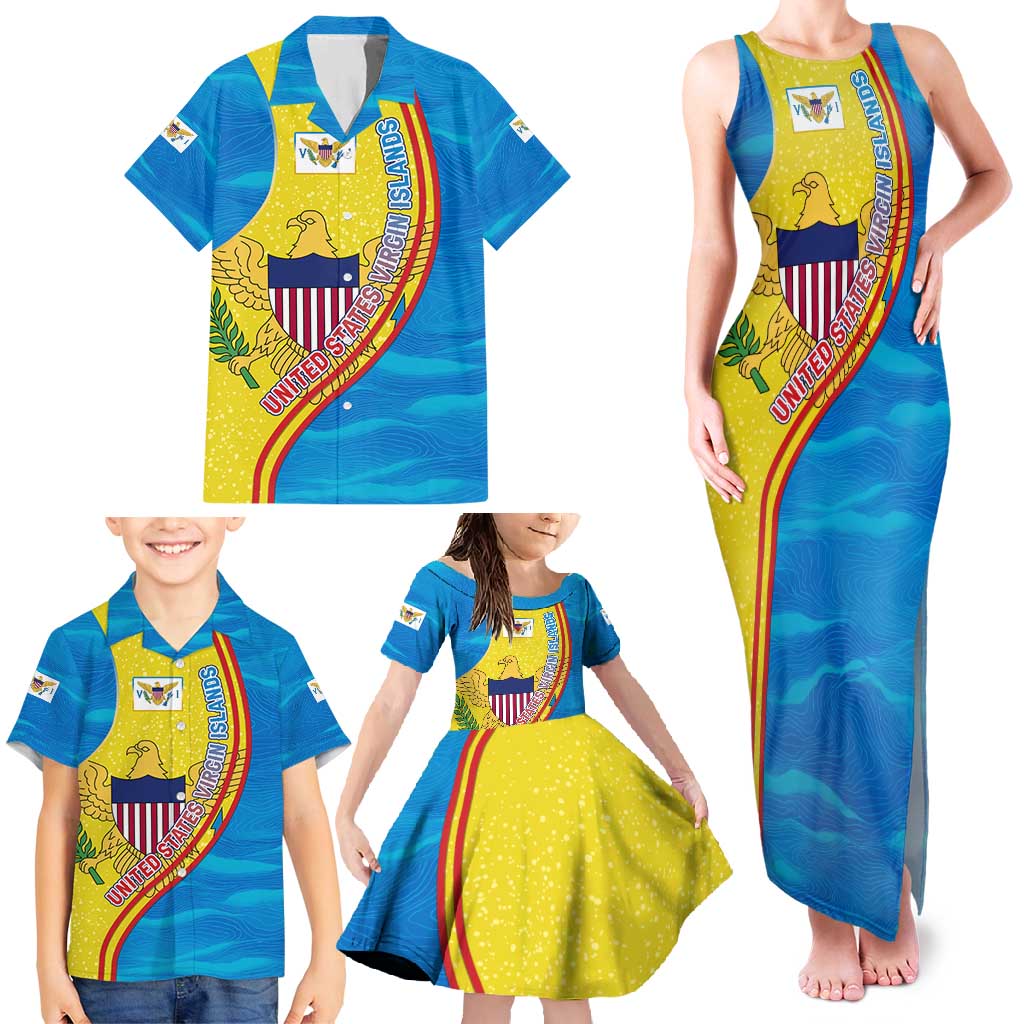 United States Virgin Islands Family Matching Tank Maxi Dress and Hawaiian Shirt with Blue Yellow Wave Design and Island Map Bird - Wonder Print Shop