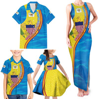 United States Virgin Islands Family Matching Tank Maxi Dress and Hawaiian Shirt with Blue Yellow Wave Design and Island Map Bird - Wonder Print Shop