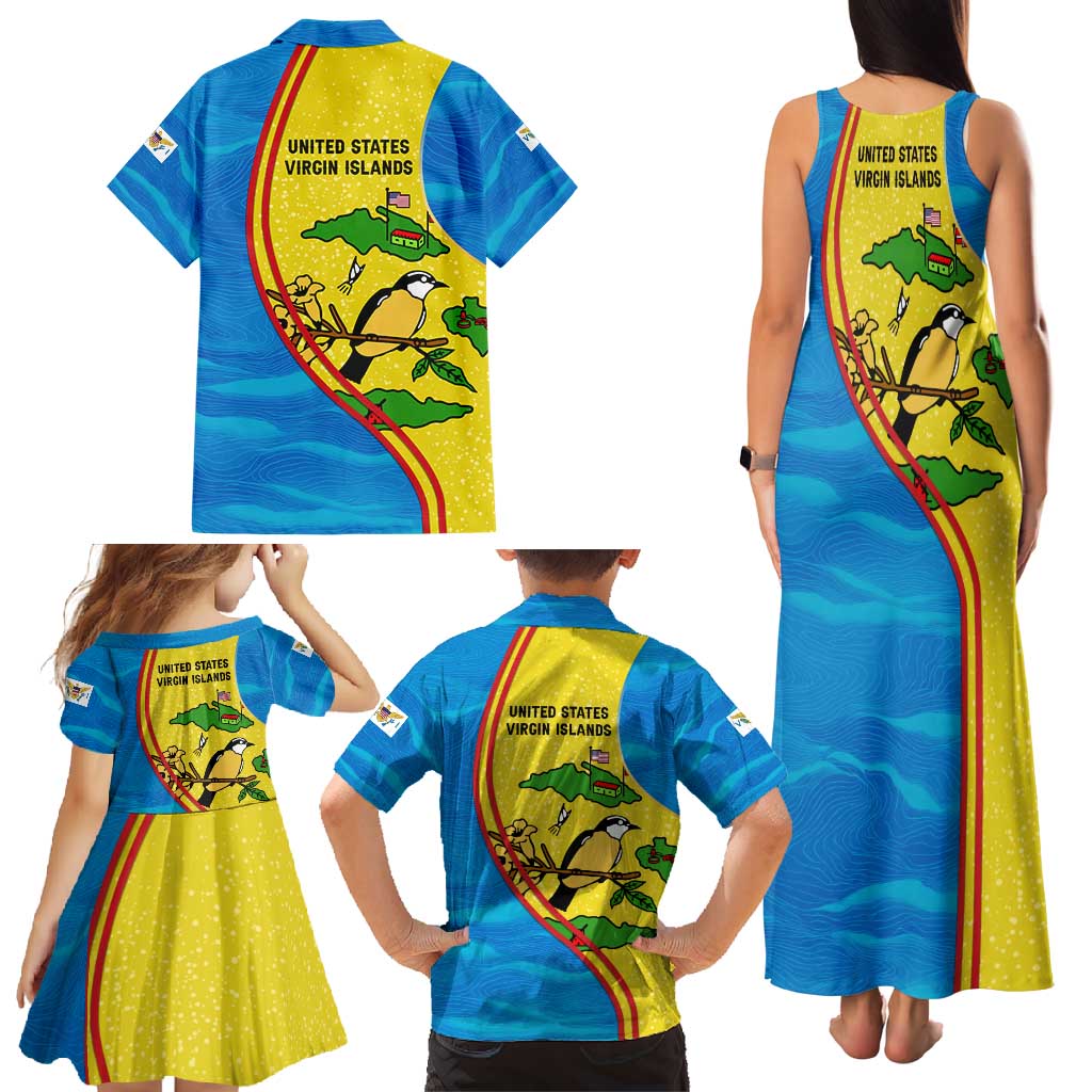United States Virgin Islands Family Matching Tank Maxi Dress and Hawaiian Shirt with Blue Yellow Wave Design and Island Map Bird - Wonder Print Shop