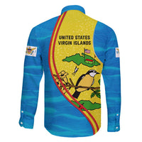 United States Virgin Islands Family Matching Tank Maxi Dress and Hawaiian Shirt with Blue Yellow Wave Design and Island Map Bird - Wonder Print Shop