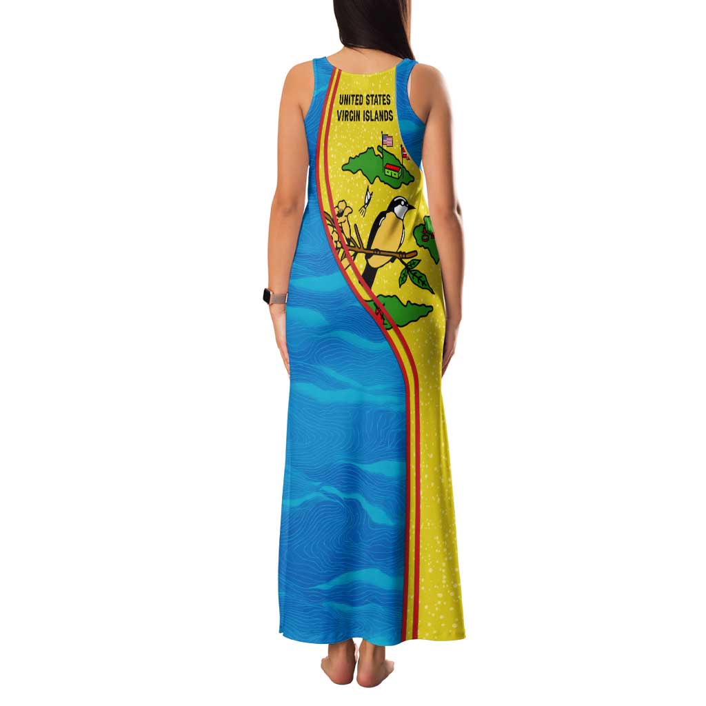 United States Virgin Islands Family Matching Tank Maxi Dress and Hawaiian Shirt with Blue Yellow Wave Design and Island Map Bird - Wonder Print Shop