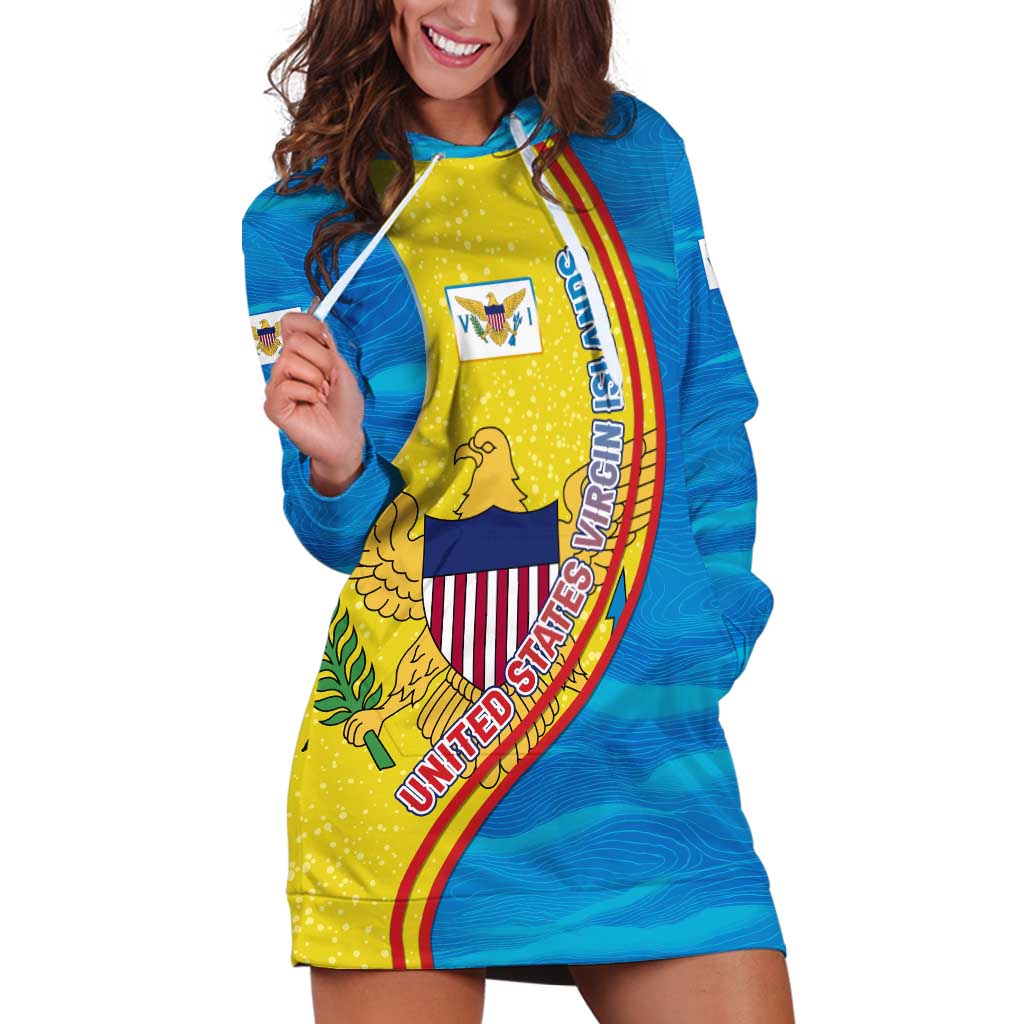 United States Virgin Islands Hoodie Dress with Blue Yellow Wave Design and Island Map Bird - Wonder Print Shop