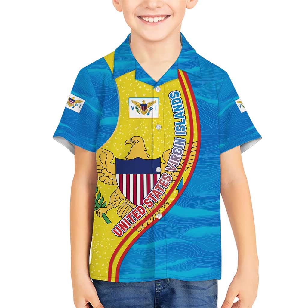 United States Virgin Islands Kid Hawaiian Shirt with Blue Yellow Wave Design and Island Map Bird - Wonder Print Shop