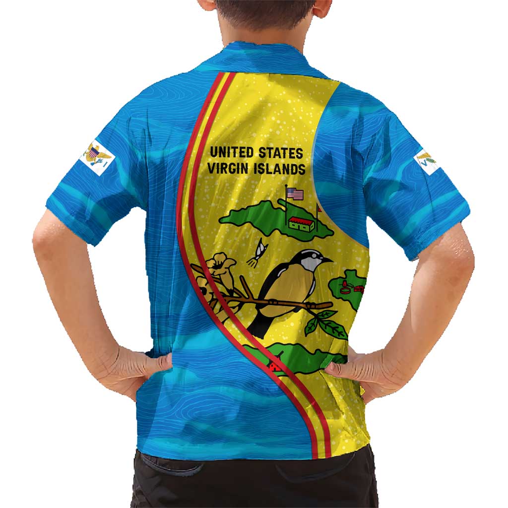 United States Virgin Islands Kid Hawaiian Shirt with Blue Yellow Wave Design and Island Map Bird - Wonder Print Shop