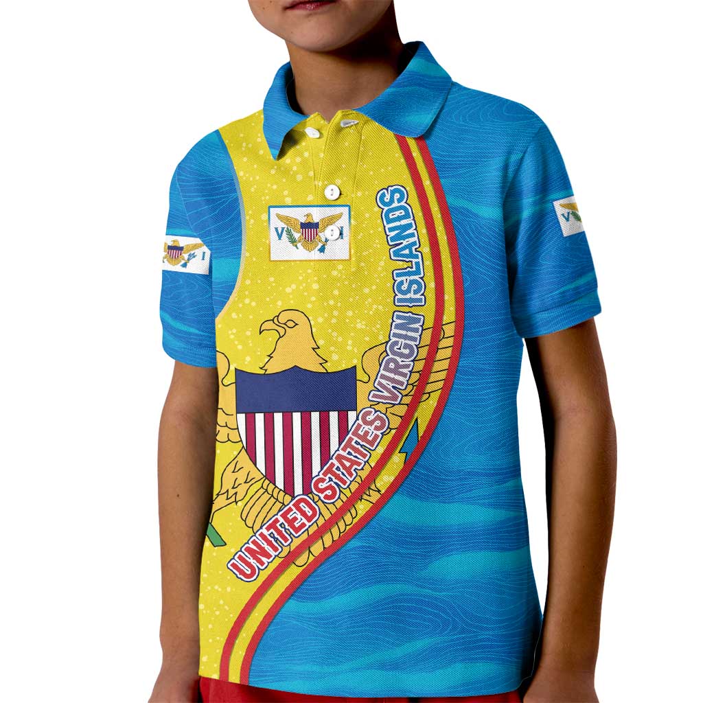 United States Virgin Islands Kid Polo Shirt with Blue Yellow Wave Design and Island Map Bird - Wonder Print Shop