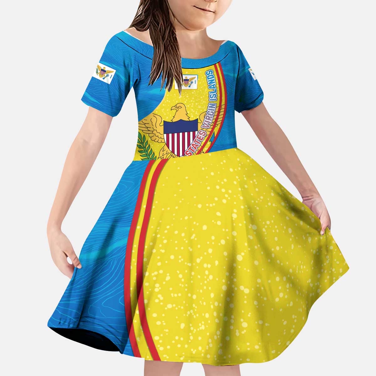 United States Virgin Islands Kid Short Sleeve Dress with Blue Yellow Wave Design and Island Map Bird - Wonder Print Shop