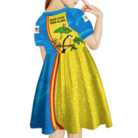 United States Virgin Islands Kid Short Sleeve Dress with Blue Yellow Wave Design and Island Map Bird - Wonder Print Shop