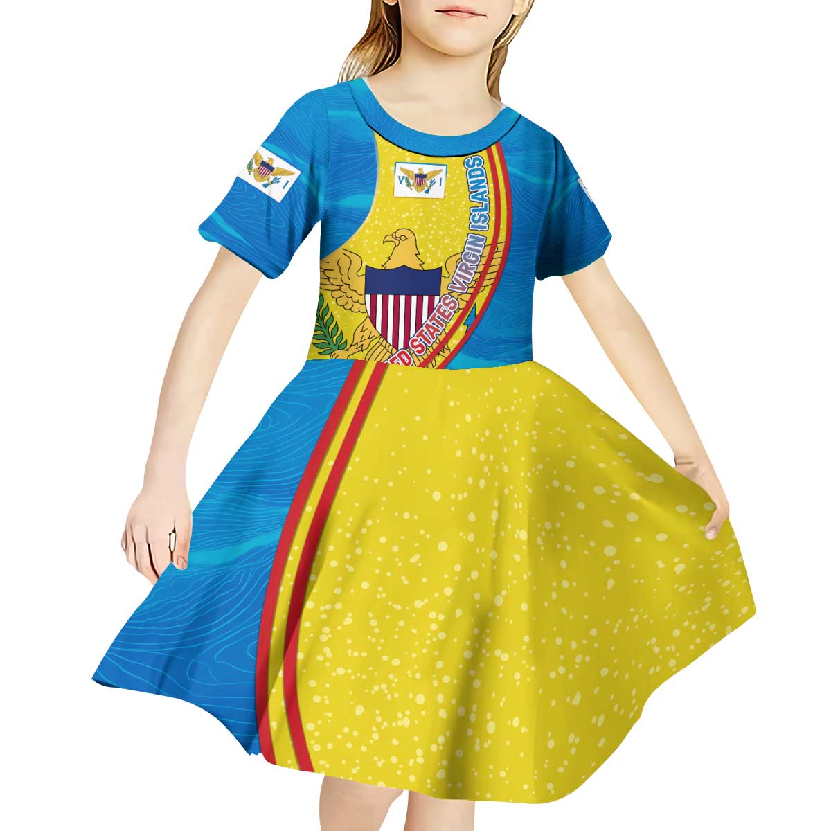 United States Virgin Islands Kid Short Sleeve Dress with Blue Yellow Wave Design and Island Map Bird - Wonder Print Shop