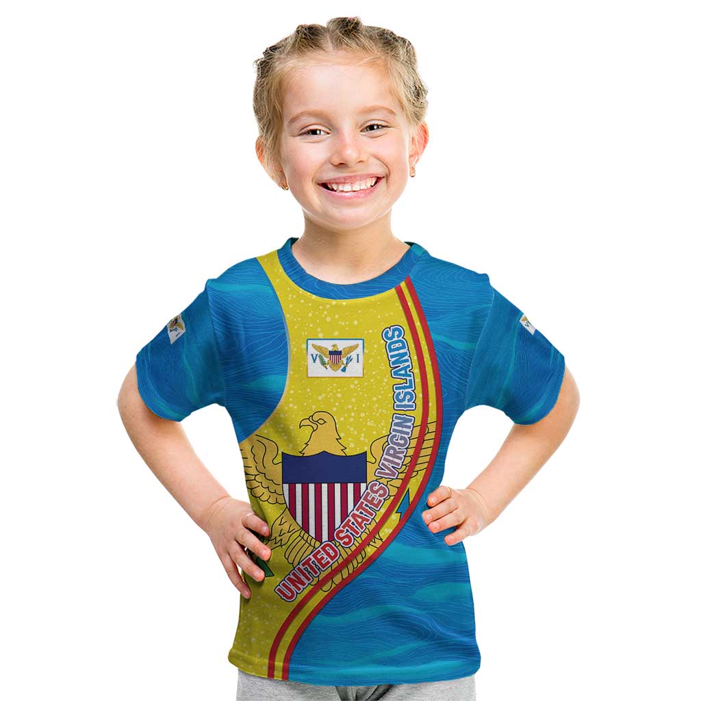 United States Virgin Islands Kid T Shirt with Blue Yellow Wave Design and Island Map Bird - Wonder Print Shop