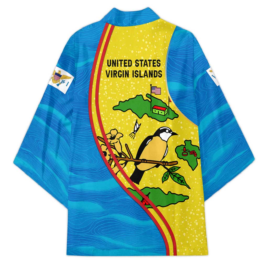 United States Virgin Islands Kimono with Blue Yellow Wave Design and Island Map Bird - Wonder Print Shop