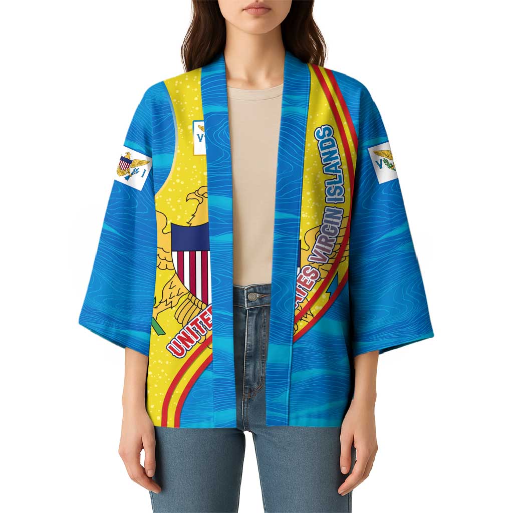 United States Virgin Islands Kimono with Blue Yellow Wave Design and Island Map Bird - Wonder Print Shop