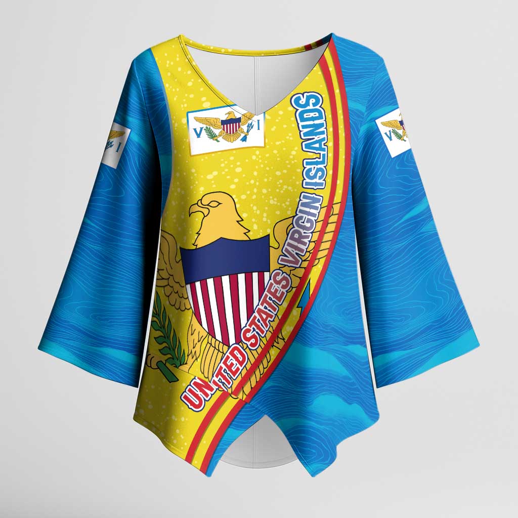 United States Virgin Islands Kimono Sleeve Blouse with Blue Yellow Wave Design and Island Map Bird - Wonder Print Shop