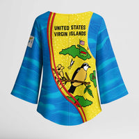United States Virgin Islands Kimono Sleeve Blouse with Blue Yellow Wave Design and Island Map Bird - Wonder Print Shop