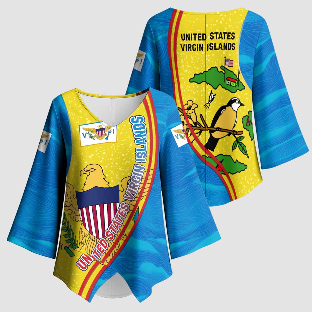 United States Virgin Islands Kimono Sleeve Blouse with Blue Yellow Wave Design and Island Map Bird - Wonder Print Shop