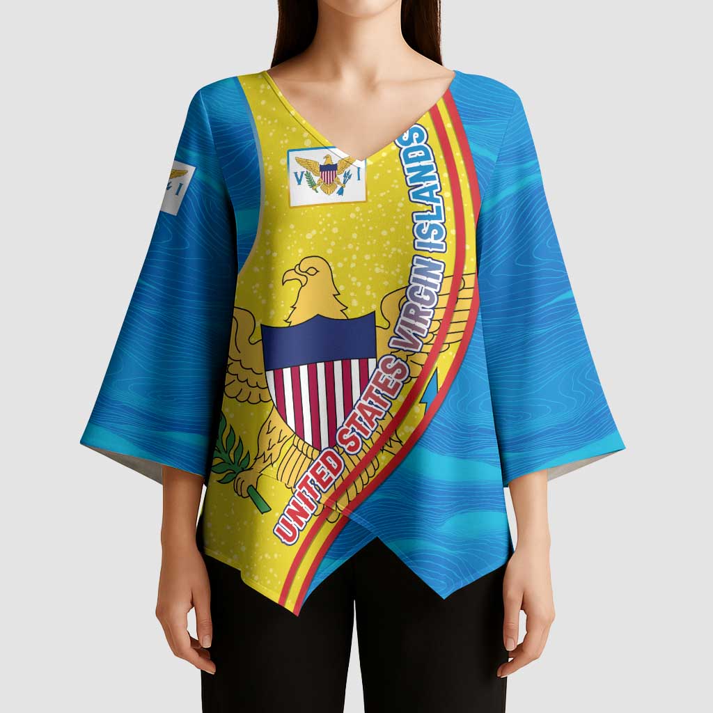 United States Virgin Islands Kimono Sleeve Blouse with Blue Yellow Wave Design and Island Map Bird - Wonder Print Shop