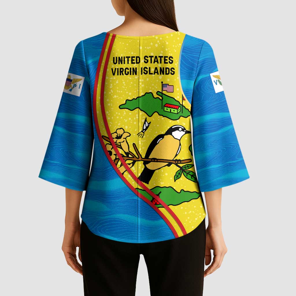 United States Virgin Islands Kimono Sleeve Blouse with Blue Yellow Wave Design and Island Map Bird - Wonder Print Shop