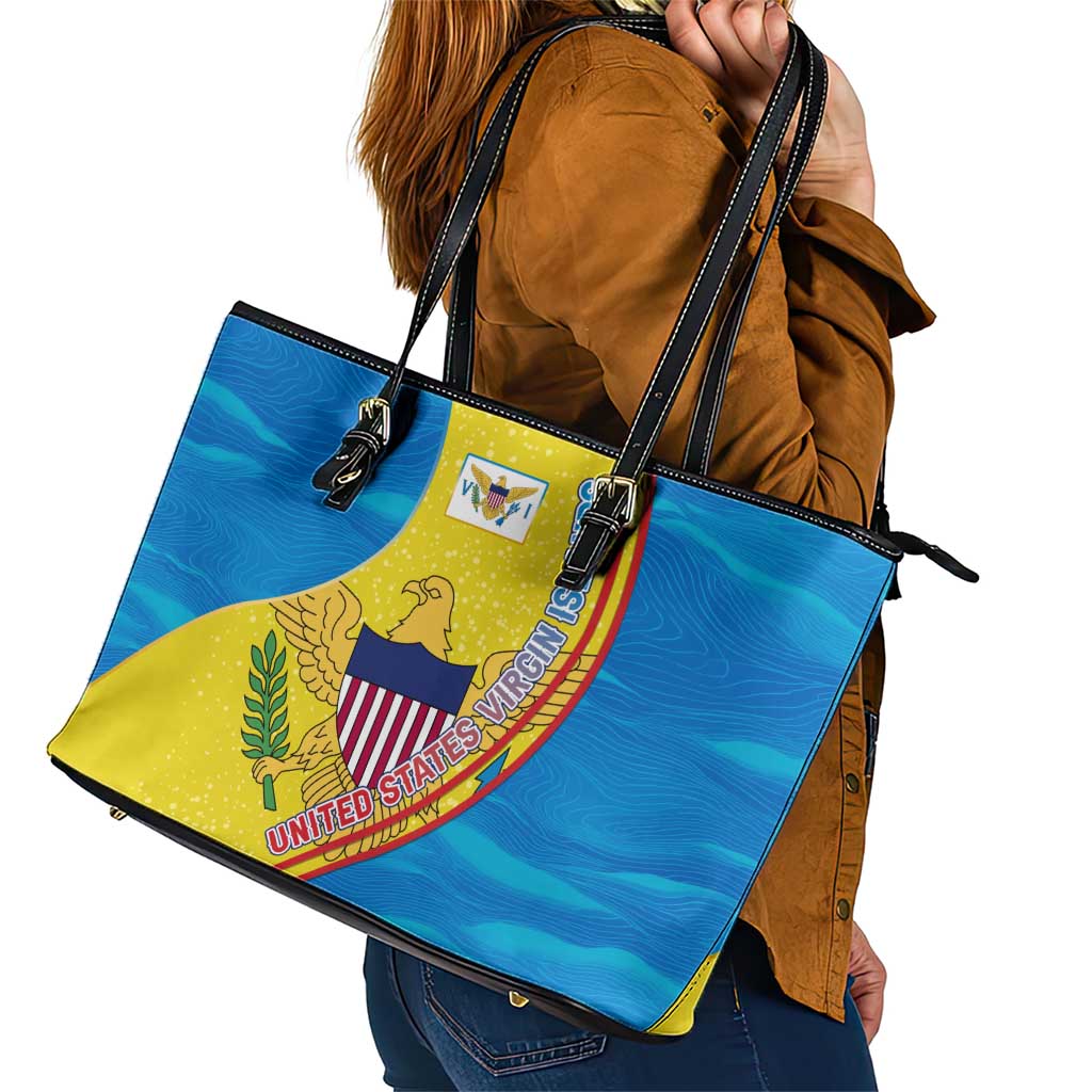 United States Virgin Islands Leather Tote Bag with Blue Yellow Wave Design and Island Map Bird - Wonder Print Shop