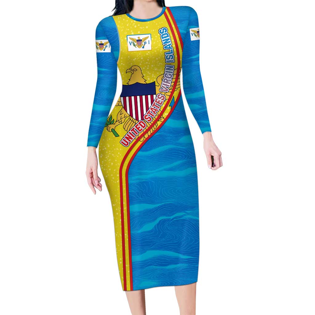 United States Virgin Islands Long Sleeve Bodycon Dress with Blue Yellow Wave Design and Island Map Bird - Wonder Print Shop