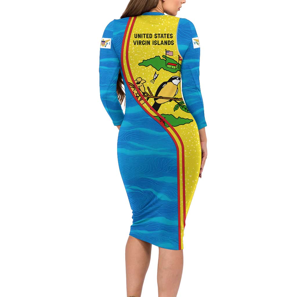United States Virgin Islands Long Sleeve Bodycon Dress with Blue Yellow Wave Design and Island Map Bird - Wonder Print Shop