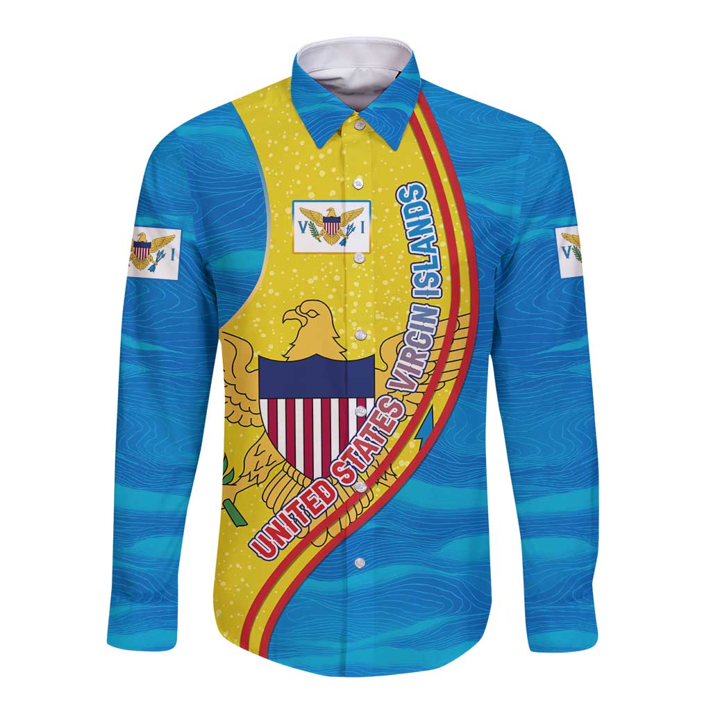 United States Virgin Islands Long Sleeve Button Shirt with Blue Yellow Wave Design and Island Map Bird - Wonder Print Shop